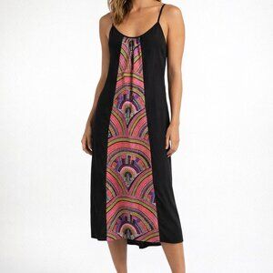 Rip Curl Black Slip Midi Dress – Pink Geometric Panel, Spaghetti Straps, Size S